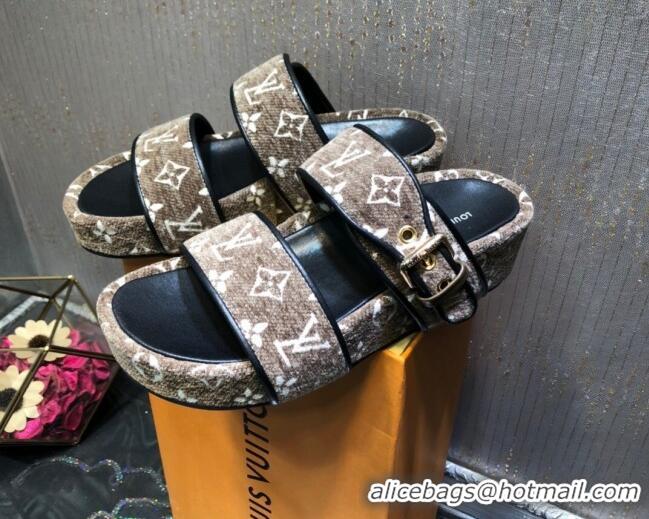 Discount Louis Vuitton Jumbo Monogram Velvet Flatform Slide Sandals 121674 Khaki