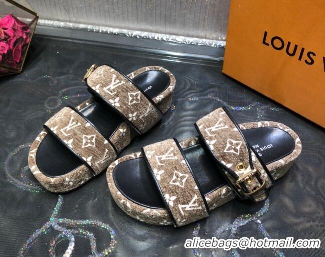 Discount Louis Vuitton Jumbo Monogram Velvet Flatform Slide Sandals 121674 Khaki