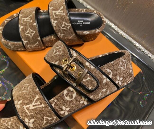 Discount Louis Vuitton Jumbo Monogram Velvet Flatform Slide Sandals 121674 Khaki