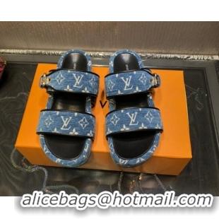 Top Quality Louis Vuitton Jumbo Monogram Velvet Flatform Slide Sandals 121674 Denim Blue