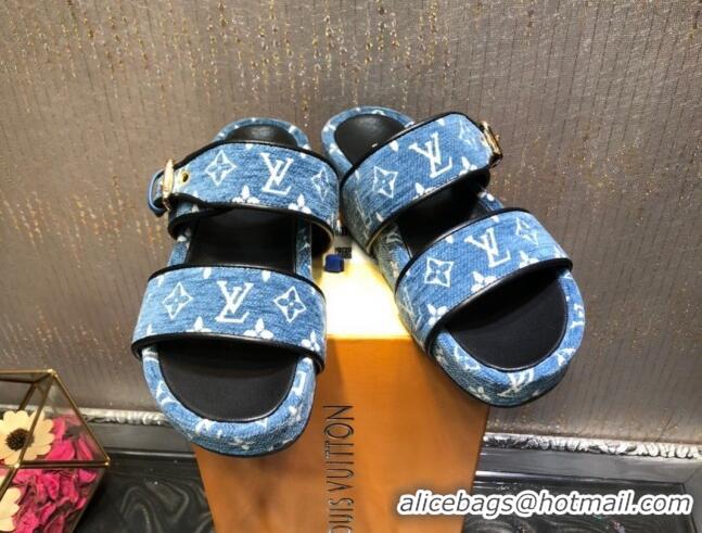 Top Quality Louis Vuitton Jumbo Monogram Velvet Flatform Slide Sandals 121674 Denim Blue