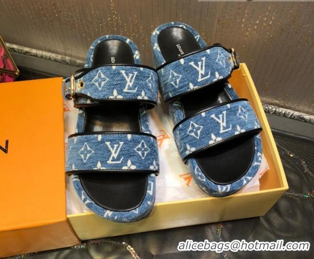 Top Quality Louis Vuitton Jumbo Monogram Velvet Flatform Slide Sandals 121674 Denim Blue