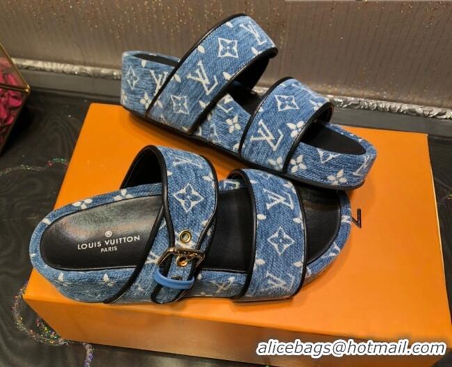 Top Quality Louis Vuitton Jumbo Monogram Velvet Flatform Slide Sandals 121674 Denim Blue