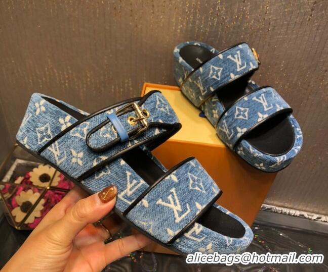 Top Quality Louis Vuitton Jumbo Monogram Velvet Flatform Slide Sandals 121674 Denim Blue