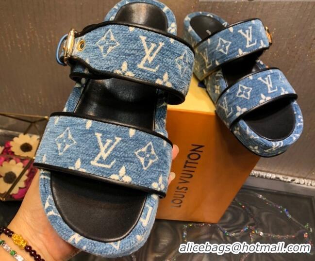 Top Quality Louis Vuitton Jumbo Monogram Velvet Flatform Slide Sandals 121674 Denim Blue