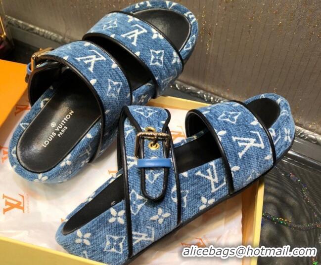 Top Quality Louis Vuitton Jumbo Monogram Velvet Flatform Slide Sandals 121674 Denim Blue