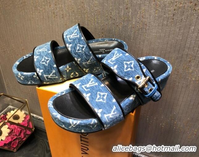 Top Quality Louis Vuitton Jumbo Monogram Velvet Flatform Slide Sandals 121674 Denim Blue