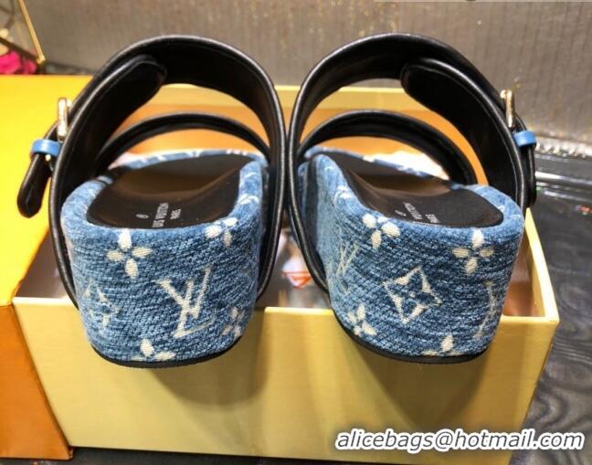 Top Quality Louis Vuitton Jumbo Monogram Velvet Flatform Slide Sandals 121674 Denim Blue