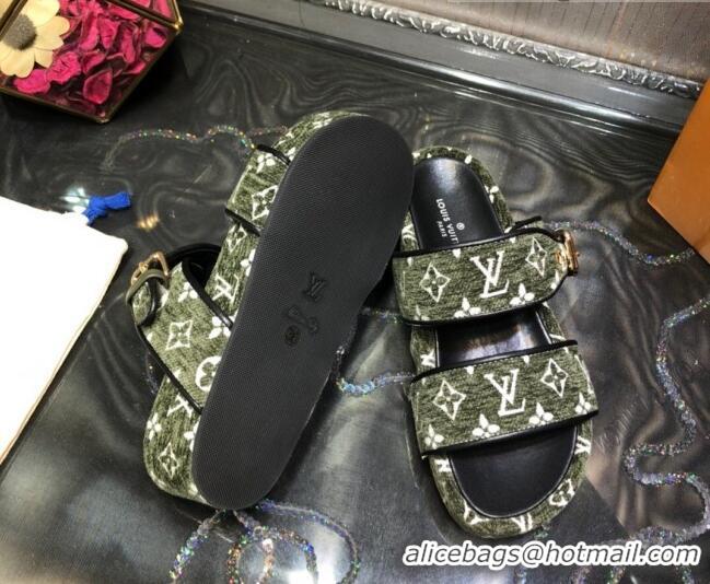 Discounts Louis Vuitton Jumbo Monogram Velvet Flatform Slide Sandals 121674 Green