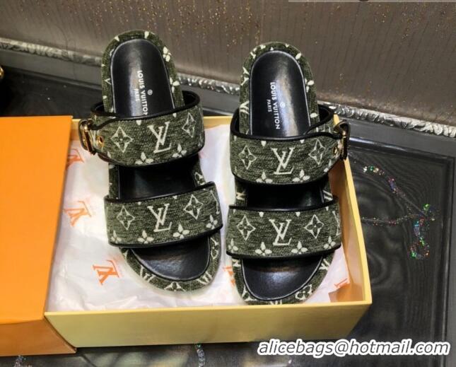 Discounts Louis Vuitton Jumbo Monogram Velvet Flatform Slide Sandals 121674 Green