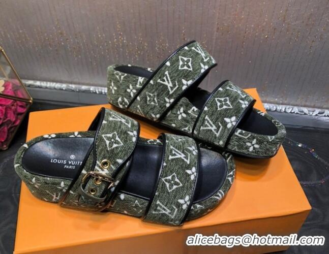 Discounts Louis Vuitton Jumbo Monogram Velvet Flatform Slide Sandals 121674 Green