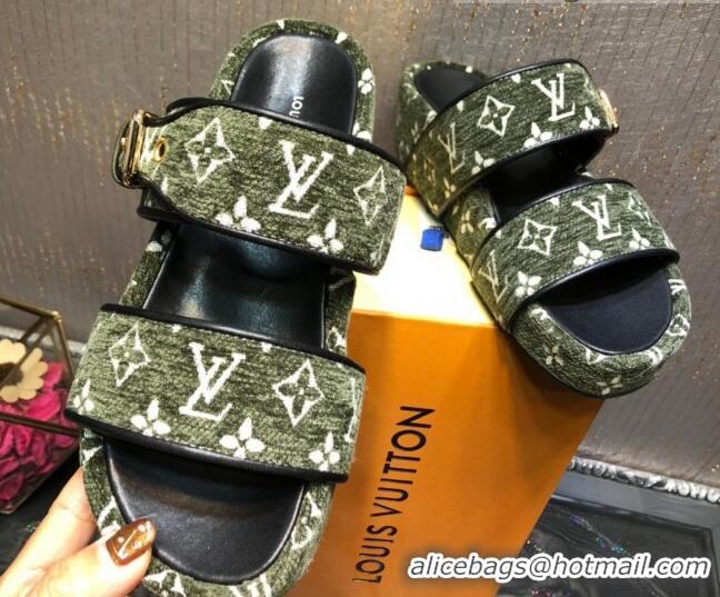 Discounts Louis Vuitton Jumbo Monogram Velvet Flatform Slide Sandals 121674 Green