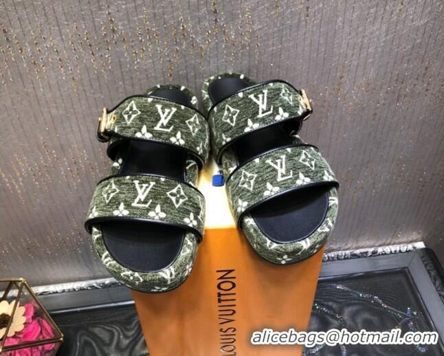 Discounts Louis Vuitton Jumbo Monogram Velvet Flatform Slide Sandals 121674 Green