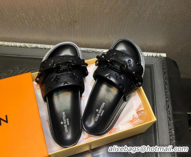 New Arrivals Louis Vuitton LV Sunset Monogram Leather Flat Comfort Slide Sandals with Resin Chain Black 121679