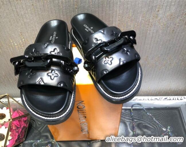 New Arrivals Louis Vuitton LV Sunset Monogram Leather Flat Comfort Slide Sandals with Resin Chain Black 121679