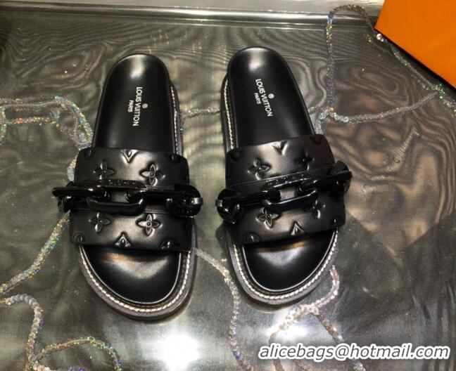 New Arrivals Louis Vuitton LV Sunset Monogram Leather Flat Comfort Slide Sandals with Resin Chain Black 121679