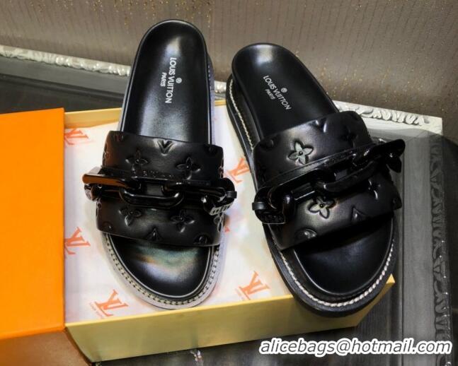 New Arrivals Louis Vuitton LV Sunset Monogram Leather Flat Comfort Slide Sandals with Resin Chain Black 121679