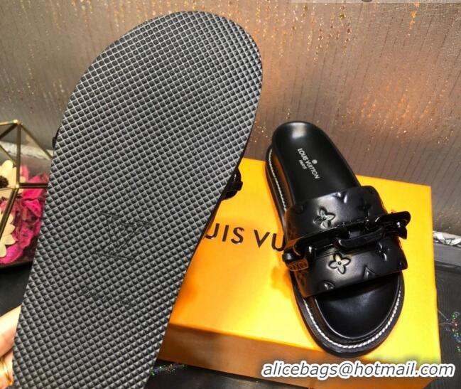 New Arrivals Louis Vuitton LV Sunset Monogram Leather Flat Comfort Slide Sandals with Resin Chain Black 121679