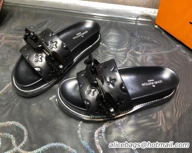 New Arrivals Louis Vuitton LV Sunset Monogram Leather Flat Comfort Slide Sandals with Resin Chain Black 121679