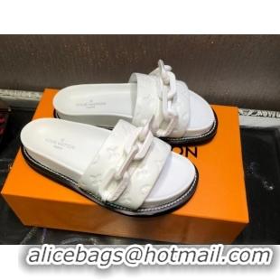 Luxury Louis Vuitton LV Sunset Monogram Leather Flat Comfort Slide Sandals with Resin Chain 121679 White 