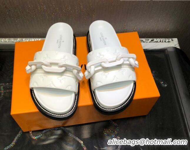 Luxury Louis Vuitton LV Sunset Monogram Leather Flat Comfort Slide Sandals with Resin Chain 121679 White 