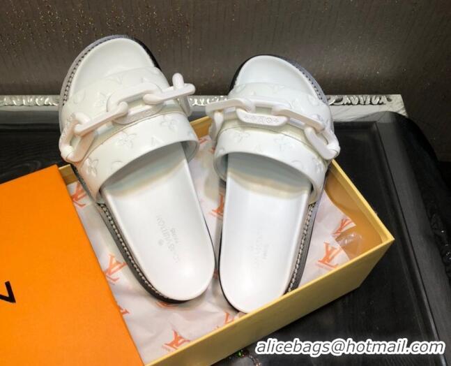 Luxury Louis Vuitton LV Sunset Monogram Leather Flat Comfort Slide Sandals with Resin Chain 121679 White 