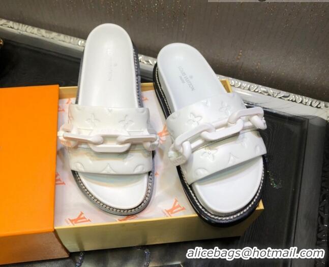 Luxury Louis Vuitton LV Sunset Monogram Leather Flat Comfort Slide Sandals with Resin Chain 121679 White 