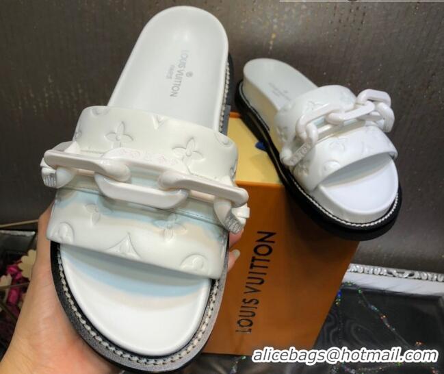 Luxury Louis Vuitton LV Sunset Monogram Leather Flat Comfort Slide Sandals with Resin Chain 121679 White 