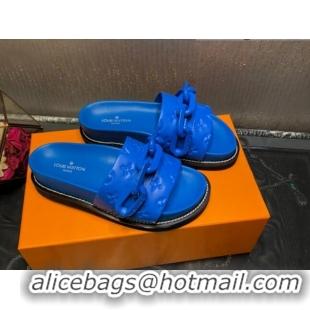 New Stylish Louis Vuitton LV Sunset Monogram Leather Flat Comfort Slide Sandals with Resin Chain 121679 Blue