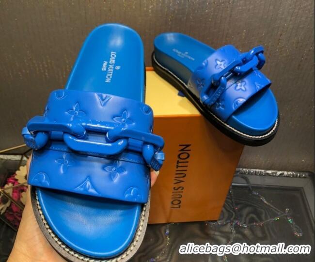 New Stylish Louis Vuitton LV Sunset Monogram Leather Flat Comfort Slide Sandals with Resin Chain 121679 Blue