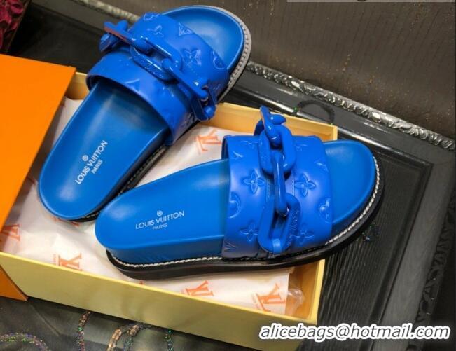 New Stylish Louis Vuitton LV Sunset Monogram Leather Flat Comfort Slide Sandals with Resin Chain 121679 Blue