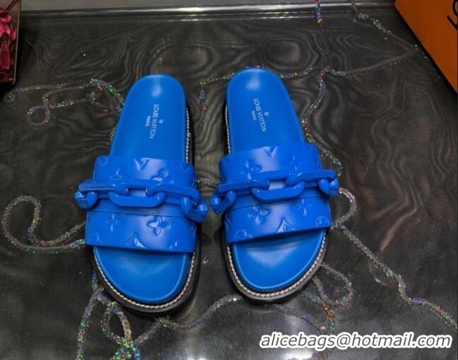 New Stylish Louis Vuitton LV Sunset Monogram Leather Flat Comfort Slide Sandals with Resin Chain 121679 Blue