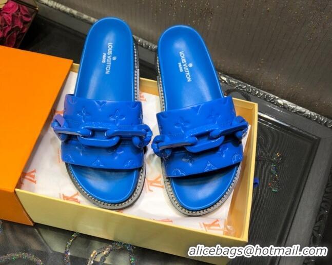 New Stylish Louis Vuitton LV Sunset Monogram Leather Flat Comfort Slide Sandals with Resin Chain 121679 Blue