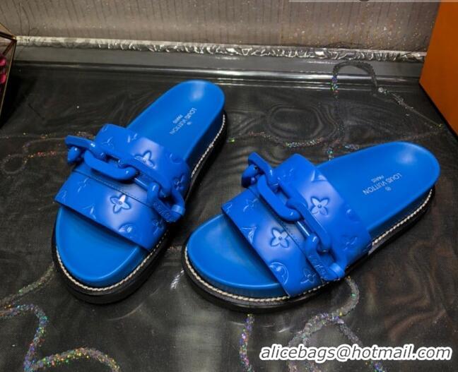 New Stylish Louis Vuitton LV Sunset Monogram Leather Flat Comfort Slide Sandals with Resin Chain 121679 Blue