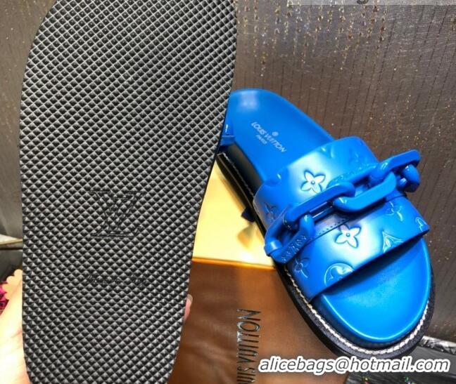 New Stylish Louis Vuitton LV Sunset Monogram Leather Flat Comfort Slide Sandals with Resin Chain 121679 Blue