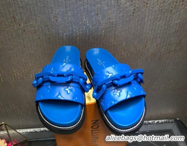 New Stylish Louis Vuitton LV Sunset Monogram Leather Flat Comfort Slide Sandals with Resin Chain 121679 Blue