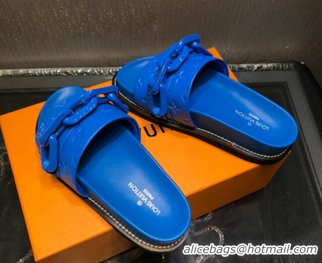 New Stylish Louis Vuitton LV Sunset Monogram Leather Flat Comfort Slide Sandals with Resin Chain 121679 Blue