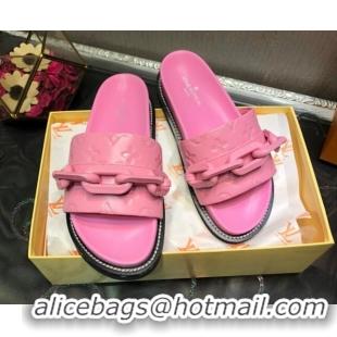 Best Product Louis Vuitton LV Sunset Monogram Leather Flat Comfort Slide Sandals with Resin Chain 121679 Pink