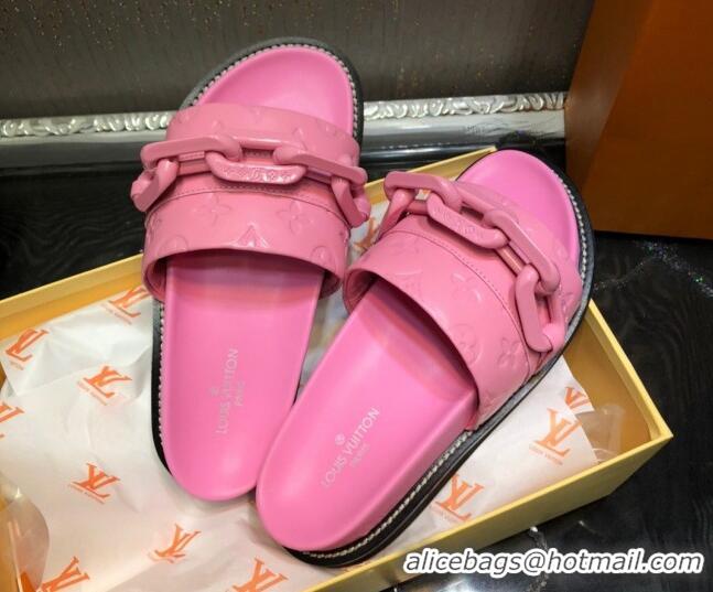 Best Product Louis Vuitton LV Sunset Monogram Leather Flat Comfort Slide Sandals with Resin Chain 121679 Pink