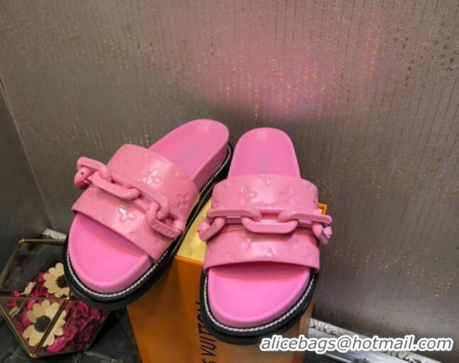 Best Product Louis Vuitton LV Sunset Monogram Leather Flat Comfort Slide Sandals with Resin Chain 121679 Pink