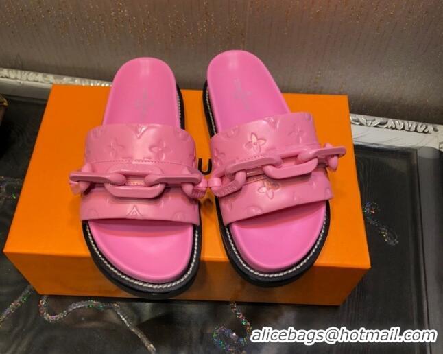 Best Product Louis Vuitton LV Sunset Monogram Leather Flat Comfort Slide Sandals with Resin Chain 121679 Pink