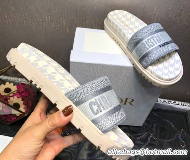 Super Quality Dior Dway Slide Sandals in Grey Cotton Embroidery with Micro Houndstooth 121524