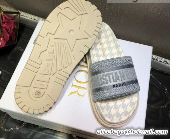 Super Quality Dior Dway Slide Sandals in Grey Cotton Embroidery with Micro Houndstooth 121524