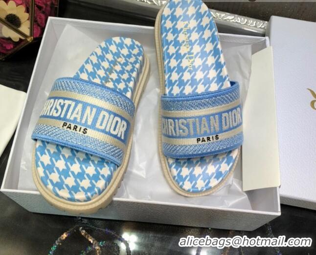 Best Luxury Dior Dway Slide Sandals in Blue Cotton Embroidery with Micro Houndstooth 121525