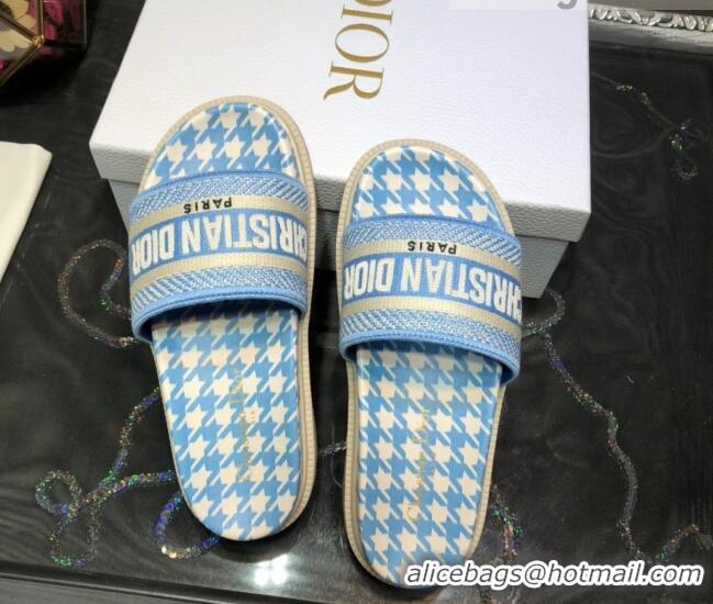 Best Luxury Dior Dway Slide Sandals in Blue Cotton Embroidery with Micro Houndstooth 121525