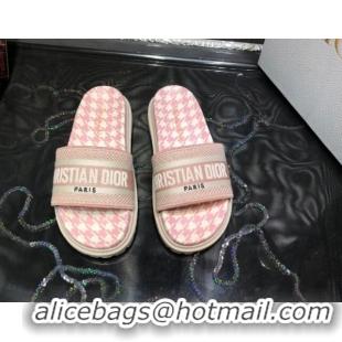 Best Price Dior Dway Slide Sandals in Light Pink Cotton Embroidery with Micro Houndstooth 121526