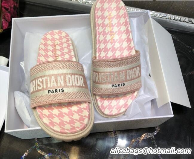 Best Price Dior Dway Slide Sandals in Light Pink Cotton Embroidery with Micro Houndstooth 121526