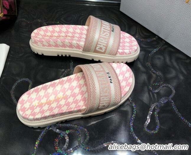 Best Price Dior Dway Slide Sandals in Light Pink Cotton Embroidery with Micro Houndstooth 121526