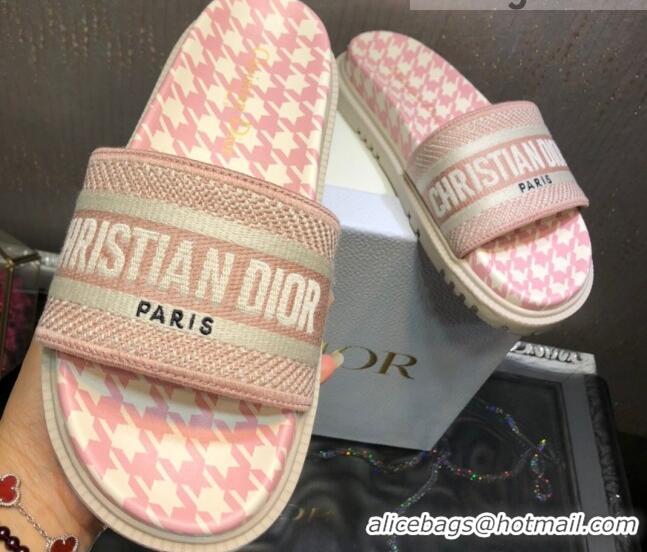 Best Price Dior Dway Slide Sandals in Light Pink Cotton Embroidery with Micro Houndstooth 121526