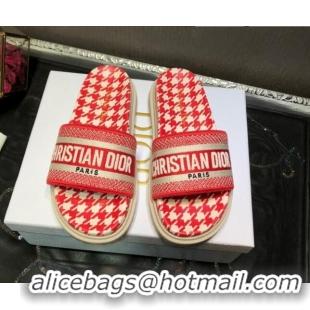 Good Quality Dior Dway Slide Sandals in Red Cotton Embroidery with Micro Houndstooth 121527